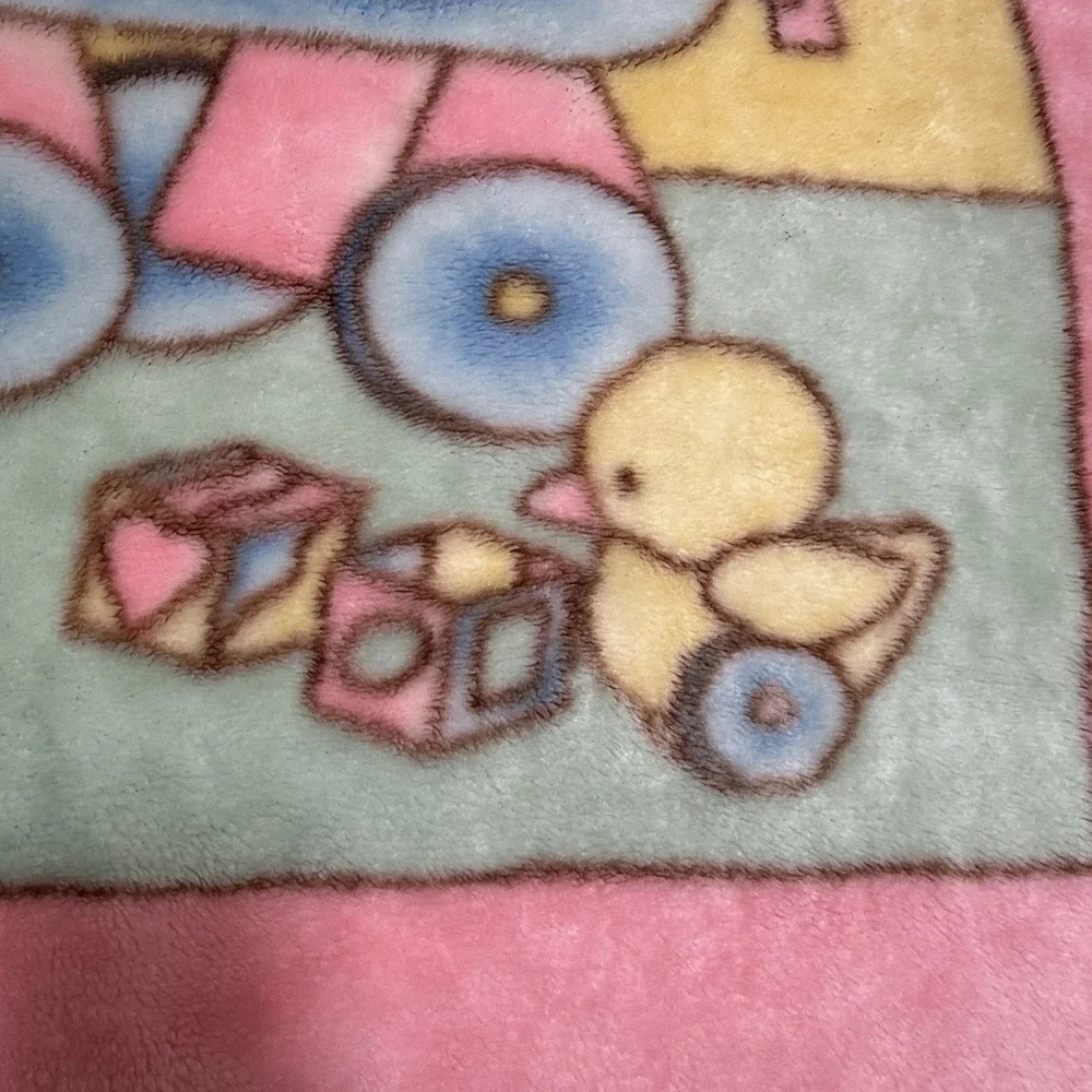 Vtg Baby Blanket Teddy Bear Rocking Horse Chick Pink Mink Kawaii Plush Bow Korea